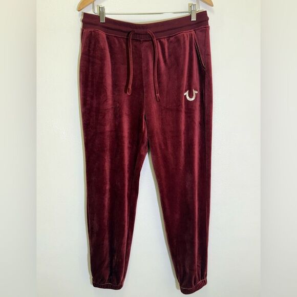 True Religion - Burgundy Velour Joggers Track Pants Horseshoe - size M NWOT - Picture 1 of 6